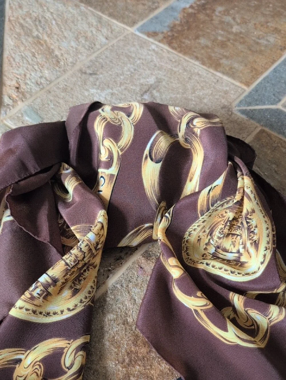CHANEL Brown and Gold Chain-Print  100% Silk Scarf 35x35